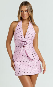 Cynthia Top - Halter Neck Tuck Detail Polka Dot Print Vest in Fondant Pink Polka Dot