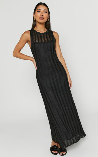 Aimee Midi Dress - Sleeveless Flared Knit Dress in Black