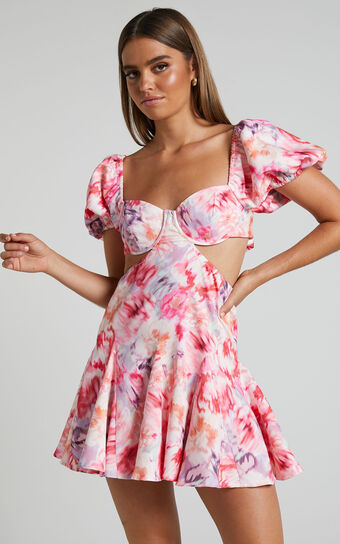 Janiena Mini Dress - Puff Sleeve Fit and Flare Dress in Meadow Blur Floral