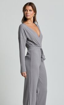 Camille Jumpsuit - Ribbed Jersey Long Sleeve Wide Leg Jumpsuit in Slate Grey