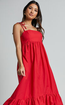 Aveiro Midi Dress - Straight Neck Shoulder Tie High Low Ruffle Hem in Red