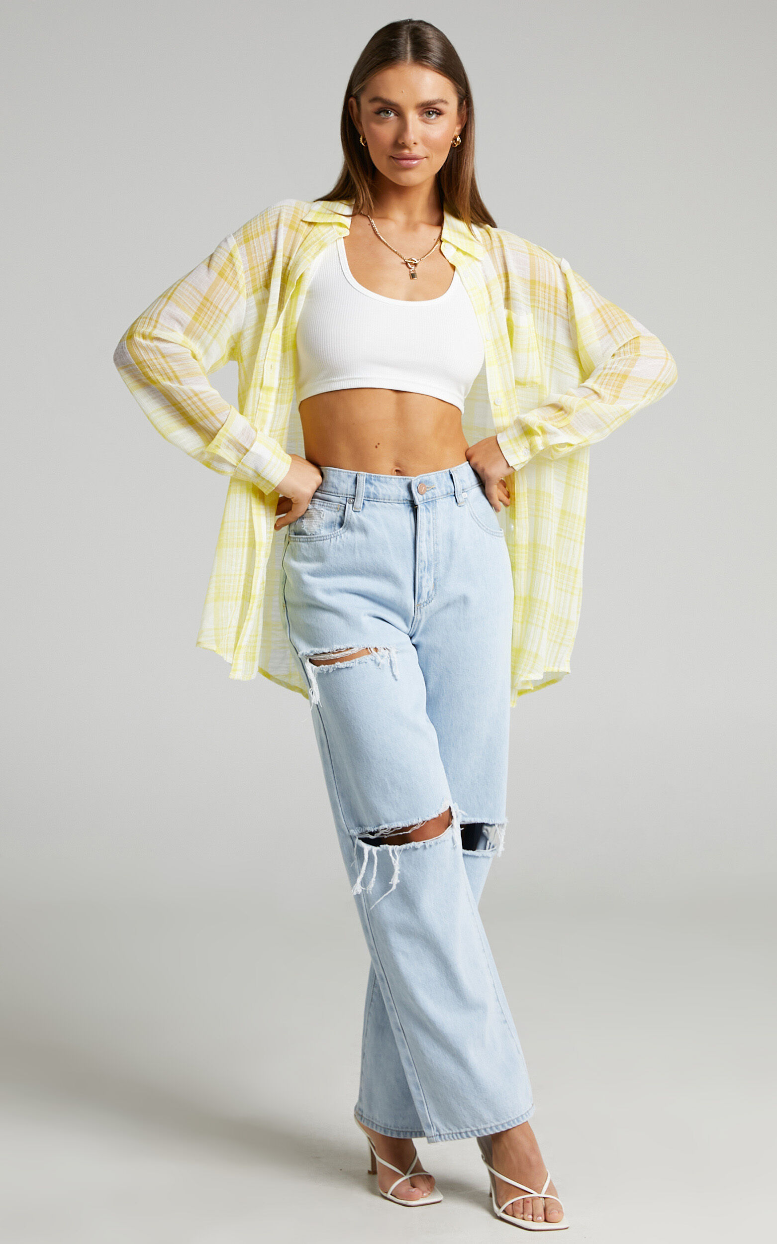 Catania Oversized Sheer Check Shirt in Yellow Showpo