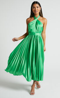 Eloise Midi Dress - Halter Neck Pleated Dress in Jewel Green