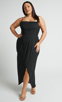 Andrina Midi Dress - High Low Wrap Corset Dress in Black