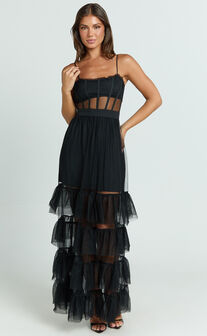 Evelynn Midi Dress - Sweetheart Corset Bodice Fit & Flare Tiered in Black