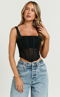 Portia Top - Crochet Corset Square Neck Crop Top in Black