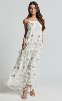 Candice Midi Dress - Straight Neck Floral Embroidery Detail Shift Dress in White