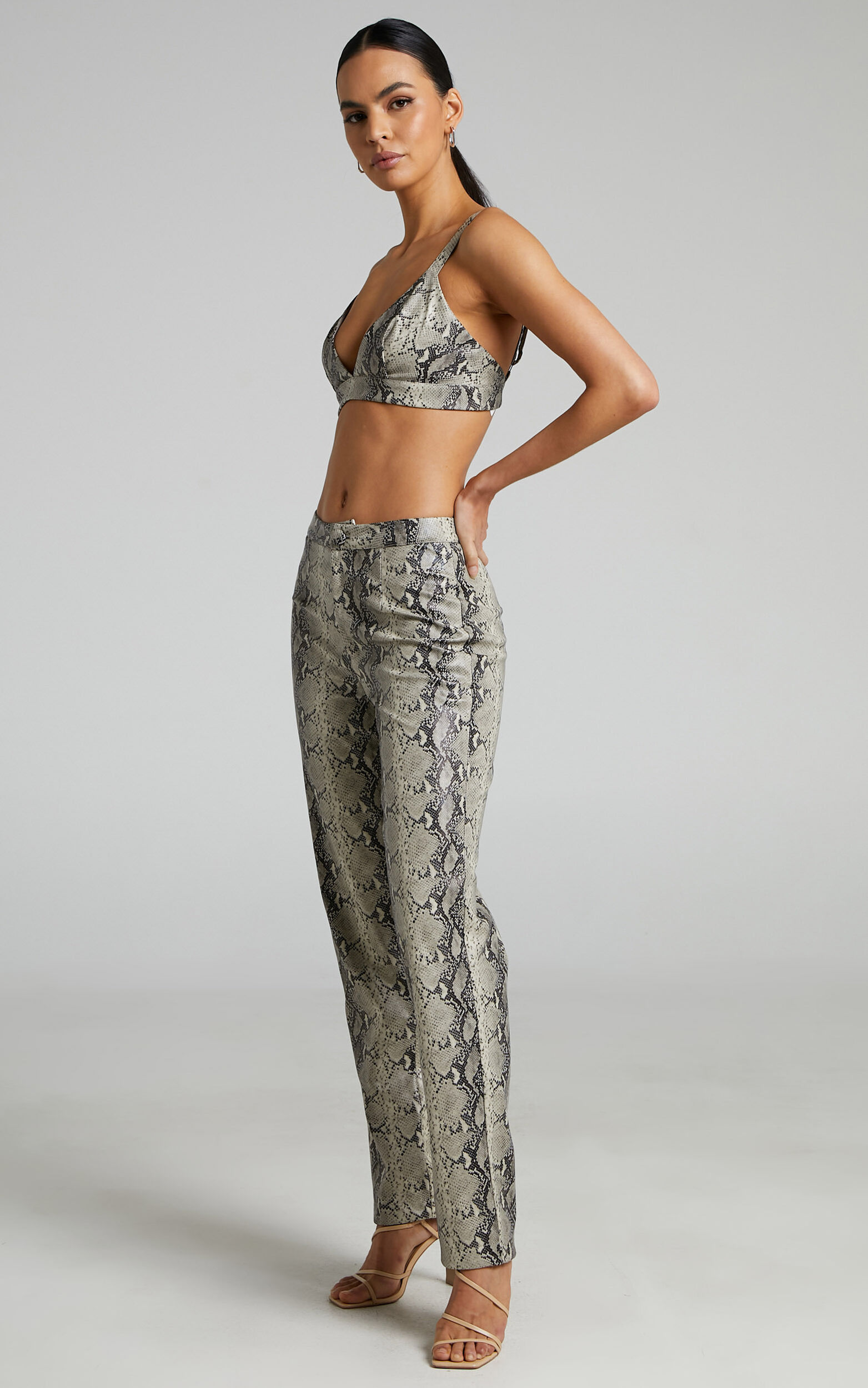 Tyanne - High Waisted Faux Leather Snake Print Pants in Nude Snake