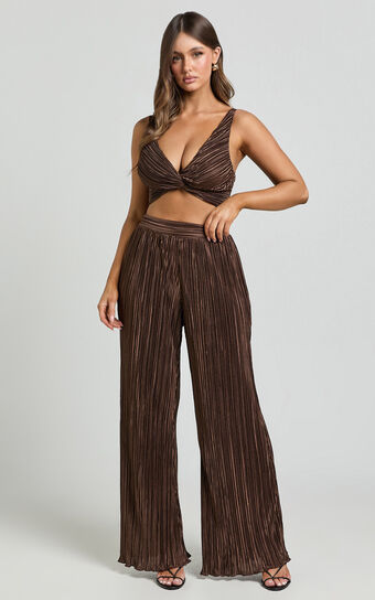 Gabby Two Piece Set - V Neck Twist Front Plisse Crop Top and High Waisted Plisse Relaxed Pants in Chocolate