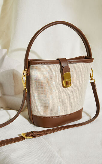 Mumbai Bag - Canvas & PU Bucket Mini Tote Bag in Tan/Natural