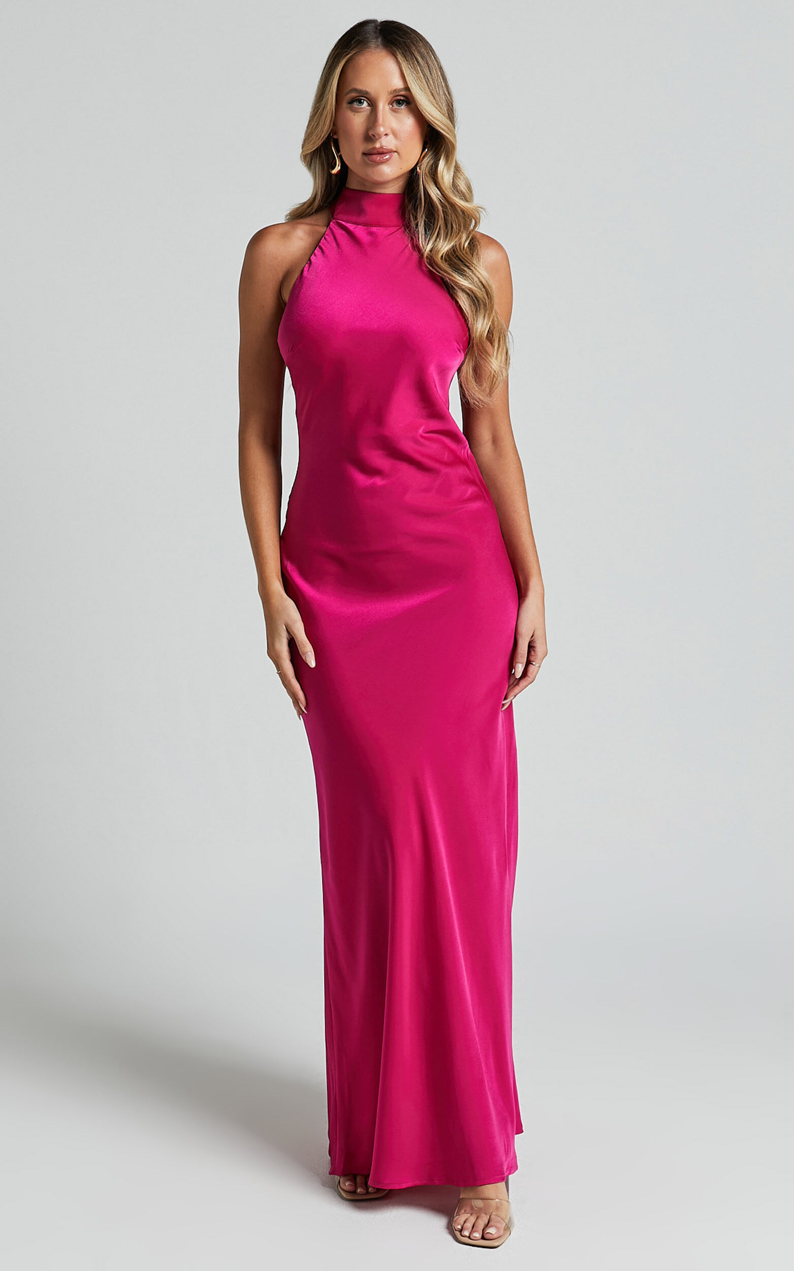 Alycia Maxi Dress High Neck Tie Back Slip in Pink Showpo USA