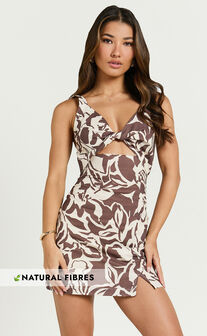 Finnley Mini Dress - Linen Twist Front Cut Out Dress in Tonal Stencil Floral
