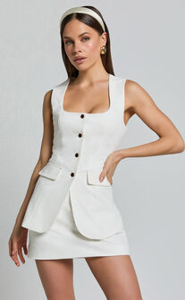 Phyllis Two Piece Set - Tailored Scoop Neck Vest Top and A Line Mini Skirt Set in White