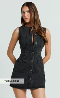 Stephanie Mini Dress - Scoop Neck Pocket Detail Recycled Denim Dress in Washed Black