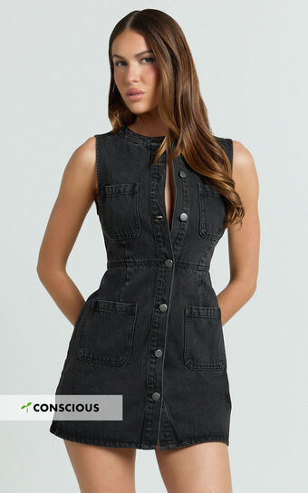 Stephanie Mini Dress - Scoop Neck Pocket Detail Recycled Denim Dress in Washed Black