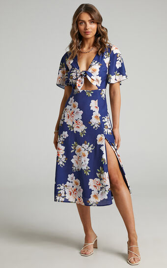 Wild And Free Mind Midi Dress - Front Tie Cut Out Dress in Royal Floral