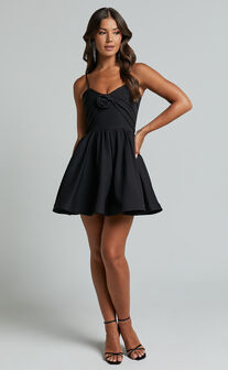 Angel Mini Dress - Sweetheart Rosette Fit and Flare Dress in Black