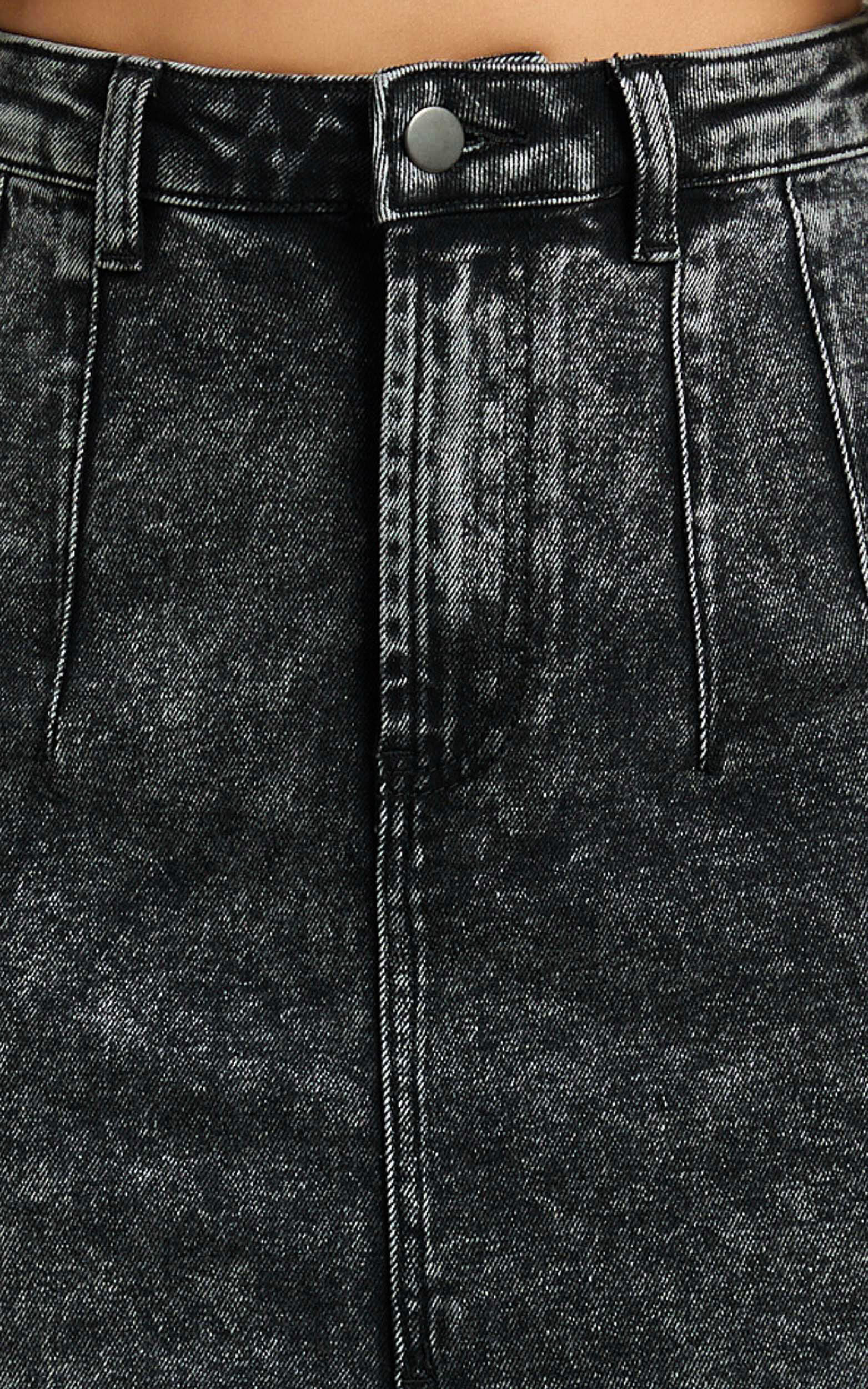 Janeve Midi Skirt - Front Split Denim Skirt in Black Acid