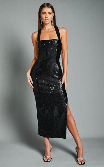 Ilena Midi Dress - Square Neck Side Split in Black