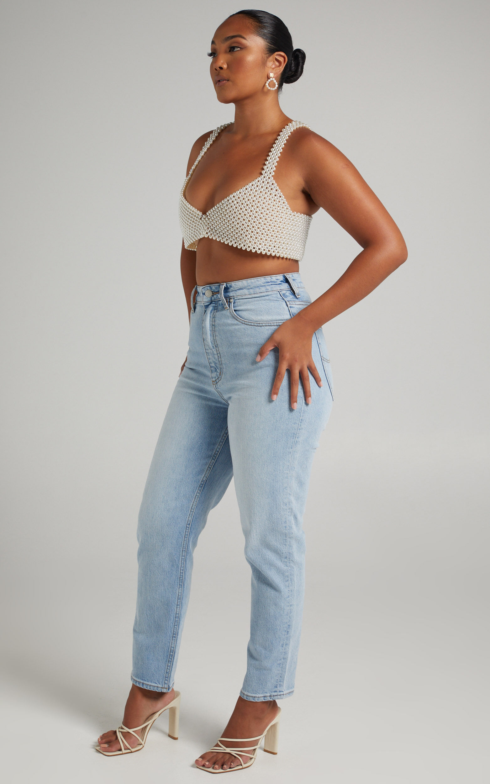 Peggy Top - V Neck Crop Top in Pearl | Showpo USA