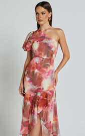 Labelle Midi Dress - Recycled Polyester One Shoulder Asymmetric Dress in Haze Floral | Showpo USA