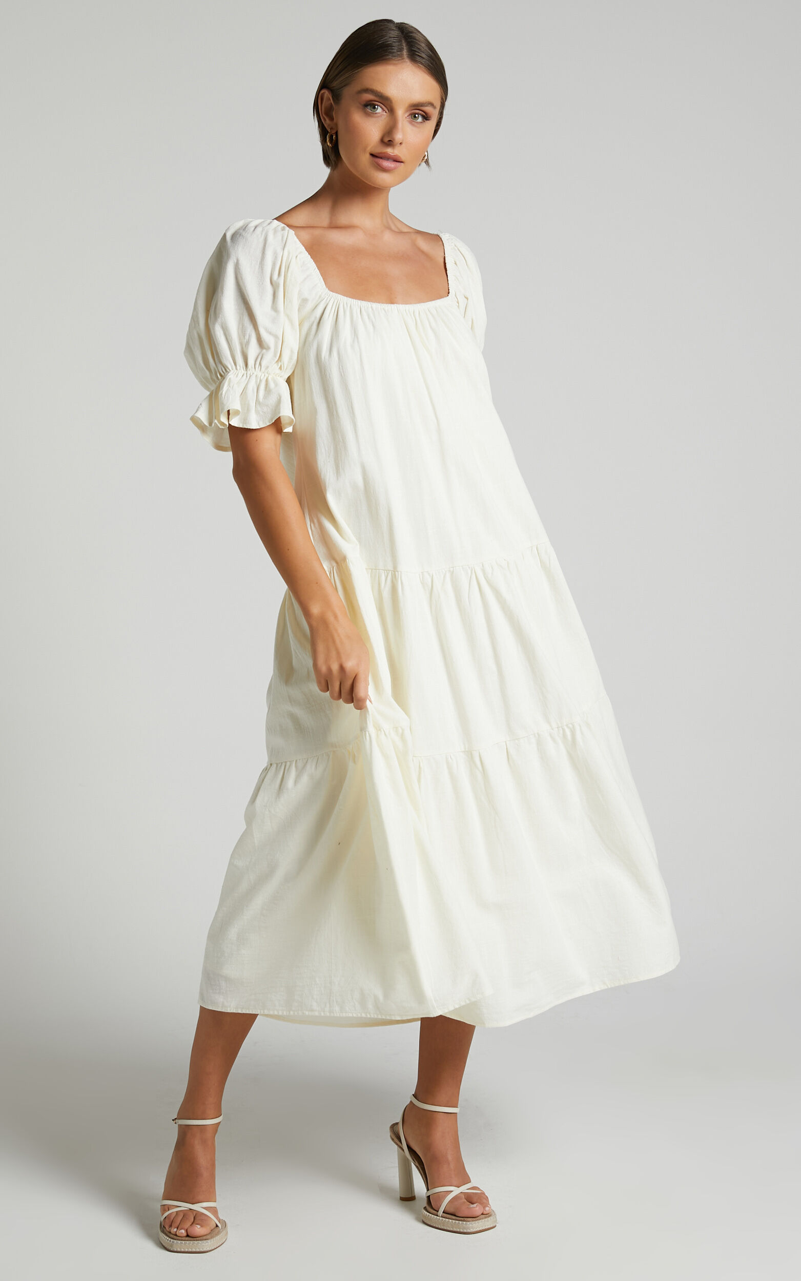 Zaharrah Midi Dress - Tiered Dress in Cream Linen Look | Showpo USA