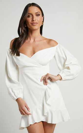 Can't Move On Mini Dress  Off Shoulder in White Linen