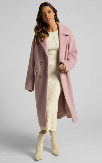 Libee Coat - Double Breasted Longline Coat in Dusty Pink