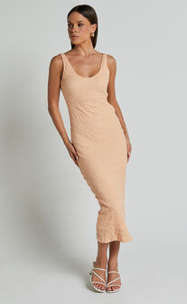 Novida Midi Dress - Textured Bodycon Dress in Sherbet