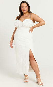 Benji Midi Dress - Ruffle Bodice Fitted Side Split Dress in Off White