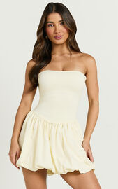 Harley Mini Dress - Strapless Drop Waist Bubble Hem Contrast Dress in Cream | Showpo