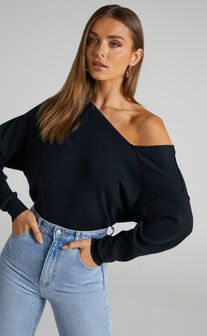 Kamille Top - Asymmetric Side Shoulder Knit Top in Black