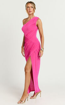 Cristle Midi Dress - One Shoulder Side Cut Out Thigh Split Dress in Hot Pink