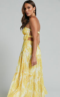 Cardelyn Midi Dress - Strapless Tiered Dress in Yellow Floral