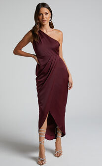 Felt So Happy Midi Dress - One Shoulder Drape Dress in Wine