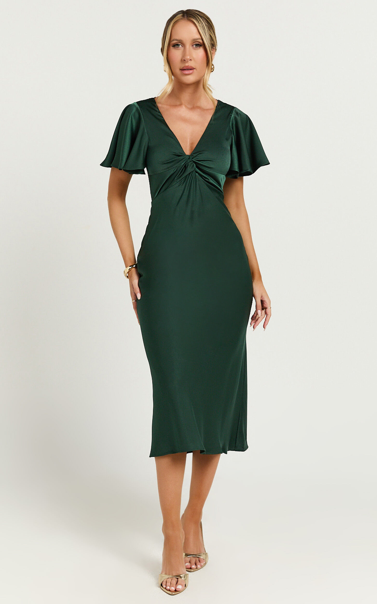 Amartina Midi Dress V Neck Twist Bodice Flutter Sleeve Dress in Forest Green Showpo