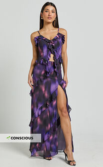 Velma Maxi Skirt - Recycled Tiered Ruffle Thigh Split Skirt in Violet Night Print