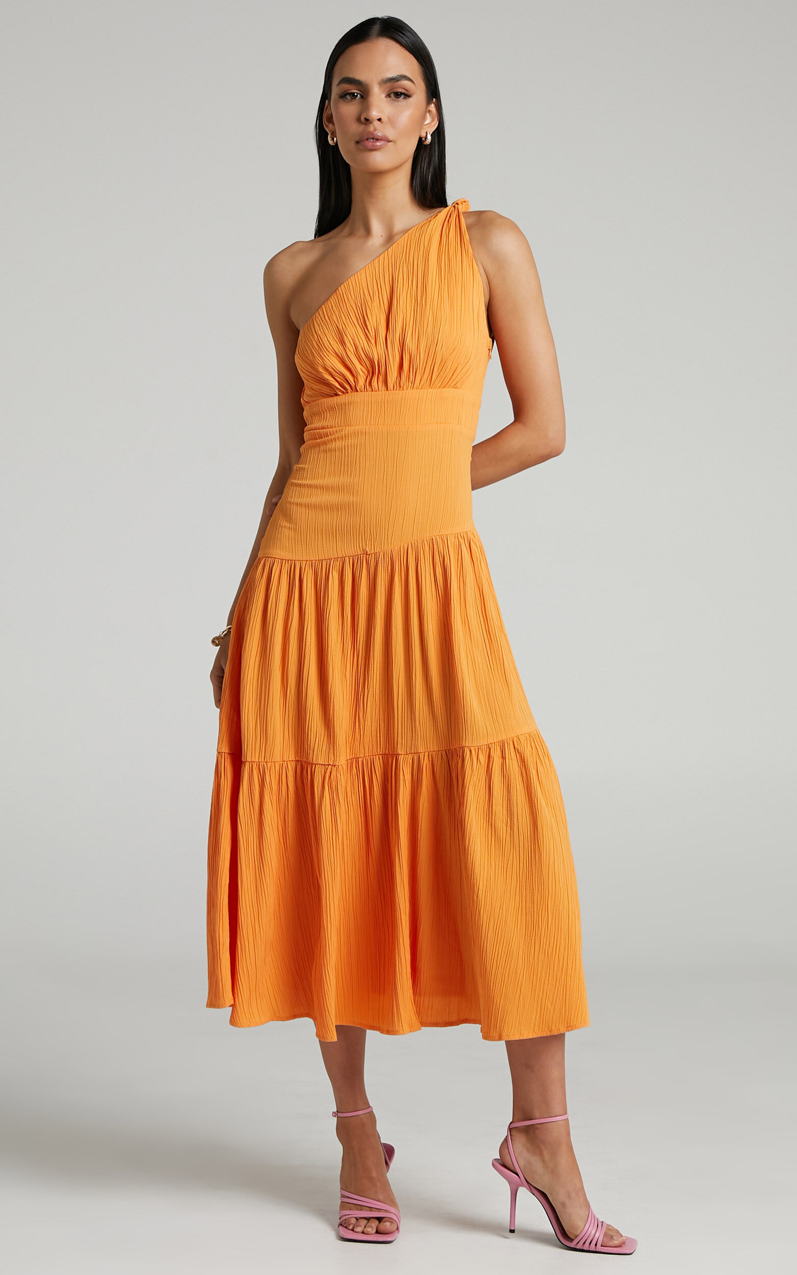 Celestia Midi Dress Tiered One Shoulder Dress in Mango