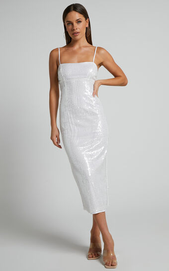 Gween Midi Dress - Clear Sequin Sheer Dress in White