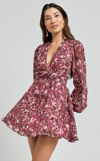 Eleanor Mini Dress - Plunge Twist Front Jacquard Dress in Wine Floral