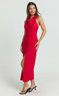 Lillibelle Midi Dress - Collared Button Down Bodycon Dress in Red