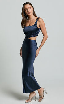 Aleena Midi Dress - Square Neck Side Cut Out Satin Dress in Midnight Blue