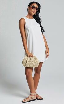 Elda Mini Dress - Linen Look High Neck Shift Dress in Off White