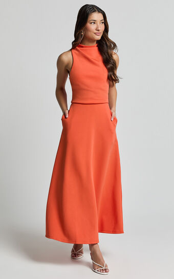 Macy Midi Dress - High Neck A Line Dress in Orange