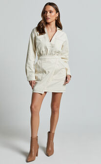 Lilianna Mini Dress - V Neck Long Sleeve Wrap Dress in Cream