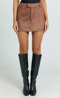 Priscilla Mini Skirt - Mid Waist Faux Suede Skirt in Brown Tan