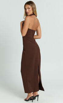 Salome Midi Dress - Halter Neck Column Dress in Chocolate