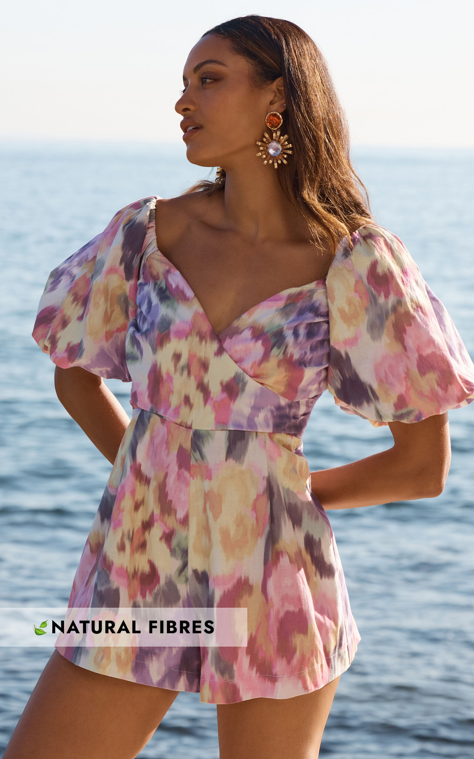 Amalie The Label - Palais Linen Blend Off Shoulder Puff Sleeve Sweetheart Neck Playsuit in Montreuil Print - 06, PRP2