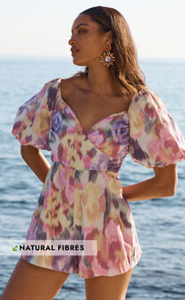Amalie The Label - Palais Linen Blend Off Shoulder Puff Sleeve Sweetheart Neck Playsuit in Montreuil Print
