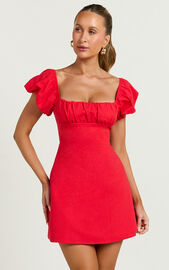 Ginny Mini Dress - Square Neck Ruched Bodice Puff Sleeve Straight Dress ...